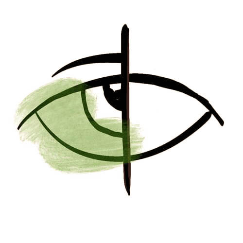 Green and white drawing that shows an eye half hidden half shown